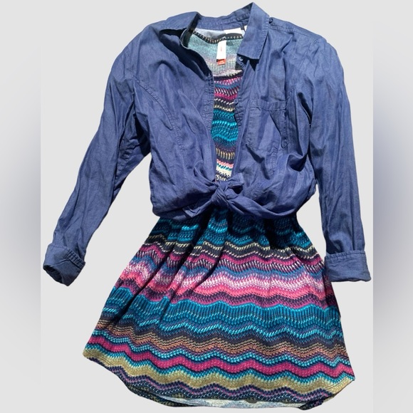 Cute colorful comfy Chevron stripe print dress sz L denim top shirt blue purple - Picture 1 of 16